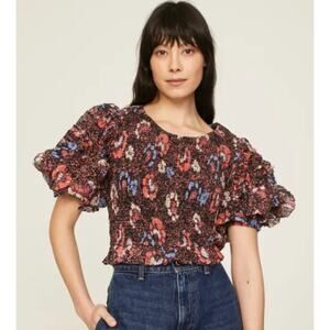 Cleobella Top Women Medium Cindi Blouse Puff Sleeve Smocked Floral Boho Festival